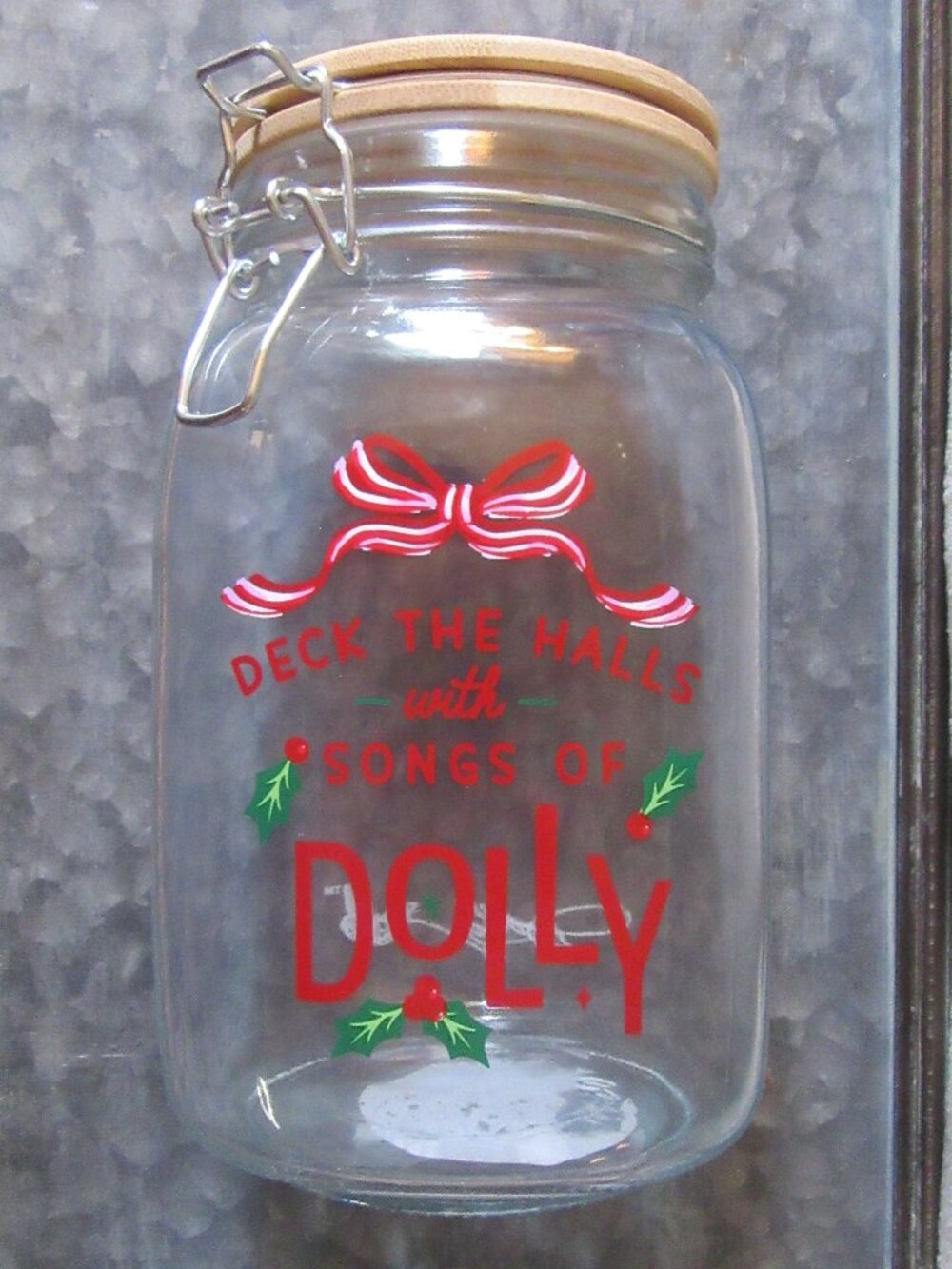 NWT Large glass Dolly Parton Christmas clear cannister w. wooden bow top